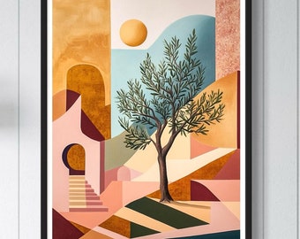 Olive Tree Art Print Modern Minimalist Kitchen Wall Decor Geometric Shapes Abstract Artwork Mediterranean Architecture Painting Gift
