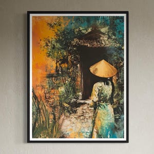 Vietnamese Art Print Ao Dai Woman Traditional Conical Hat Abstract South East Asia Wall Decor Travel Souvenir  Vietnam Painting Gift