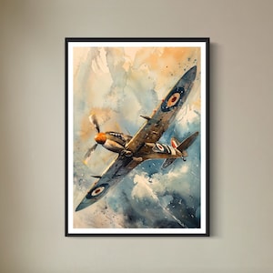 Impresión artística elegante de Spitfire, póster vintage de acuarela de avión en vuelo, decoración de pared de aviación, avión de combate de la Segunda Guerra Mundial, regalo para entusiastas de las aeronaves