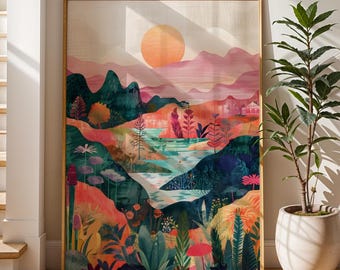 Pink Mountain Art Print Flowers Mushrooms Sun Painting Boho Style Wall Decor Pastel Colours Patterns Bohemian Wanderlust Landscape Poster