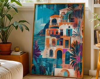 Amalfi Coast Art Print Mediterranean Coastal Wall Artwork Colourful Italian Villa Architecture Painting Travel Decor Seaside Painting Gift