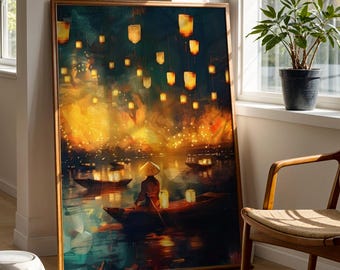 Vietnamese Lantern Boat Art Print Longtail Painting Hoi An Vietnam Travel Poster Full Moon Festival Exotic Decor Holiday Souvenir Home Gift