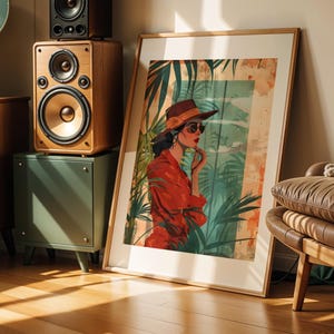 Cuba Style Retro Art Print Stylish Woman with Hat Sunglasses Palm Leaves Painting Fashion Poster Havana Cuban Wall Decor Gift for Home
