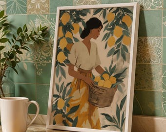 Lemon Picker Art Print Mediterranean Woman Wall Art Italian Garden Decor Summer Fruit Trees Rustic Kitchen Poster Warm Botanical Countryside