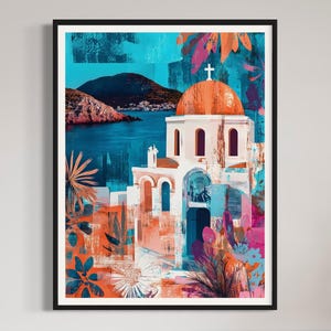 Impression d&#39;art méditerranéen Santorin, Grèce, oeuvre d&#39;art Architecture de l&#39;île grecque, Boho, décor côtier, affiche de voyage abstraite, peinture sur la mer Égée