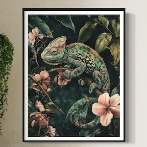 Chameleon Art Print Vintage Modern Style Tropical Flowers Painting Jungle Artwork Wildlife Nature-Inspired Decor Lizard Lovers Gift for Home