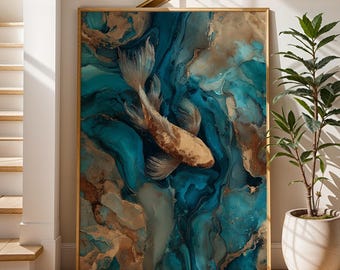 Blue Gold Koi Fish Art Print Elegant Fluid Water Painting Modern Coastal Wall Art Ocean Inspired Japanese Style Bathroom Decor Artwork