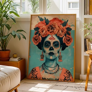 a living room with a large framed poster of a woman with a colorful floral headpiece, surrounded by potted plants and bookshelves.