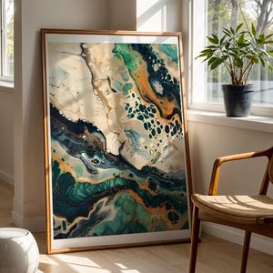 Fluid Acrylic Pour Art Print Nature's Palette Emerald Green Marble Effect Bubbles Cells Contemporary Design Modern Painting Gift for Home