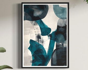 Teal and Grey Abstract Print Contemporary Minimalist Wall Art Mid-Century Modern Home Gift Shape Painting Geometric Minimal Design Decor