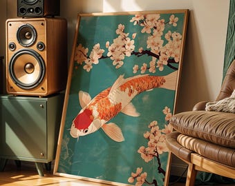 Vintage Japanese Koi Fish Art Print Pink Cherry Blossoms Painting Floral Poster Koi Carp Artwork Oriental Traditional Japan Wall Decor Gift
