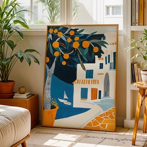 Orange Tree Art Print Coastal Modern Kitchen Wall Decor Greek Island Painting Art Deco Abstract Mediterranean Architecture Artwork Gift