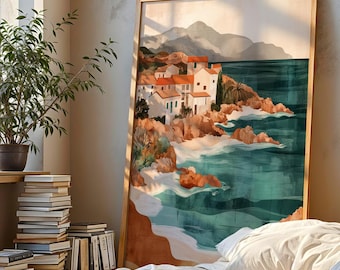 Mediterranean Coastal Art Print Abstract Seaside Village Artwork Rustic Terracotta Wall Decor Cliff Landscape European Beach Painting Gift