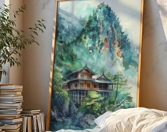 Foggy Japan Mountain Art Print Acrylic Ink Landscape Japanese Decor Poster Mount Fuji Watercolour Painting Forest River Minka