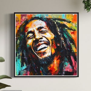 Laughing Bob Marley Art Print Colourful Reggae Icon Portrait Painting Music Legend Poster Vibrant Wall Design Decor Gift for Music Lover