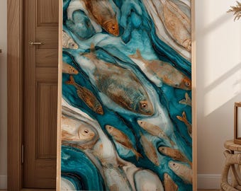 Abstract Fish Art Print Coastal Ocean Painting Gold and Teal Wall Decor Underwater Animal Poster Fluid Sea Illustration Seafood Artwork