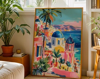 Santorini Art Print Greek Island Wall Art Blue Dome Painting Mediterranean Coastal Artwork Colourful Greece Travel Poster Beach House Decor