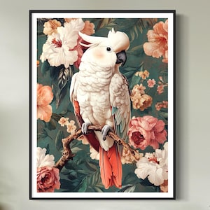 White Cockatoo Art Print Elegant Tropical Parrot Painting Floral Nature Exotic Animal Illustration Vintage Style Home Decor Bird Lover Gift