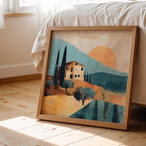 Rustic Italian Countryside Art Print Mediterranean Tuscan Farmhouse Artwork Sunset Poster Vineyard Hills Painting Olive Tree Illustration
