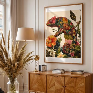 Chameleon Art Print Vintage Modern Style Tropical Flowers Painting Jungle Artwork Wildlife Nature-Inspired Decor Lizard Lovers Gift for Home