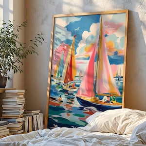 a bedroom with a large painting of sailboats on the wall, a wooden bed with white sheets, a potted plant, and a stack of books.