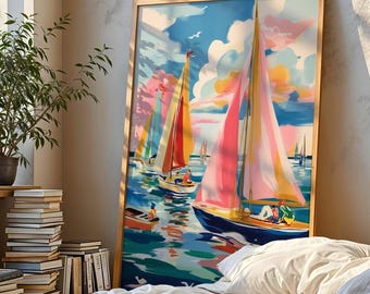 Sailboat Regatta Art Print Coastal Nautical Wall Art Colourful Boats Painting Seaside Home Decor Mediterranean Ocean Sailing Artwork