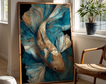 Blue Gold Koi Fish Art Print Elegant Fluid Water Painting Ocean Inspired Artwork Japanese Style Japandi Art Nature Bathroom Decor