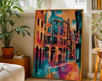Amsterdam Cityscape Art Print Colourful Architecture Painting Vibrant Dutch Abstract Artwork Street Scene Souvenir Gift for Travel Lover