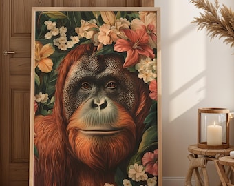 オランウータンの絵画、オランウータンのアート、母親と赤ちゃん、子供