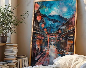 Japan Lantern Town Art Print Majestic Mountain Scene Traditional Japanese Architecture Drawing Wall Decor Mount Fuji Painting Gift for Home
