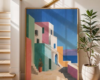 Greek Architecture Art Print Colourful Geometric Coastal Artwork Mediterranean Decor Aegean Sea View Greece Crete Rhodes Santorini Poster