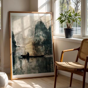 Impressão artística da Baía de Halong, Vietnã, tinta acrílica, cores escuras, paisagem vietnamita, barco de cauda longa, pintura, presente de viagem, lembrança, pôster do Parque Nacional