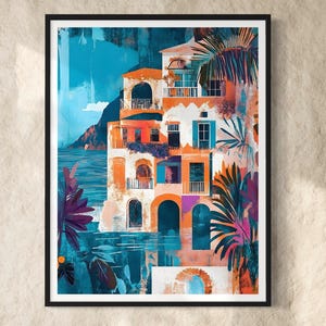 Amalfi Coast Art Print Mediterranean Coastal Wall Artwork Colourful Italian Villa Architecture Painting Travel Decor Seaside Painting Gift