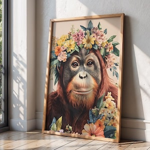 Orangutan Floral Crown Art Print Tropical Artwork Monkey Ape Painting Vintage Flower Style Wildlife Nature Animal Drawing Gift for Home