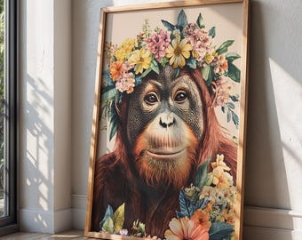 オランウータンの絵画、オランウータンのアート、母親と赤ちゃん、子供