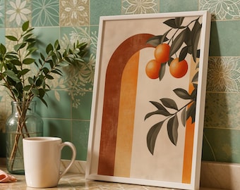 Orange Branch Art Print Modern Kitchen Wall Decor Geometric Shapes Abstract Still Life Painting Botanical Mediterranean Artwork Gift