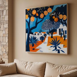 Stampa artistica di agrumi, arte murale di arance, illustrazione di un villaggio estivo, poster greco, dipinto mediterraneo, arredamento boho, opera d&#39;arte con arance a fette