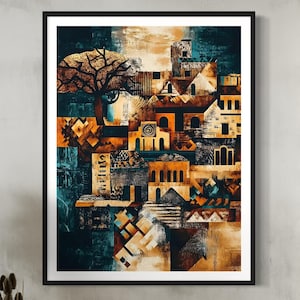 Impresión de arte africano abstracto, decoración de pared de África, arquitectura marroquí, pintura geométrica tribal, obra de arte afrocéntrica, póster de viaje de Marruecos, regalo