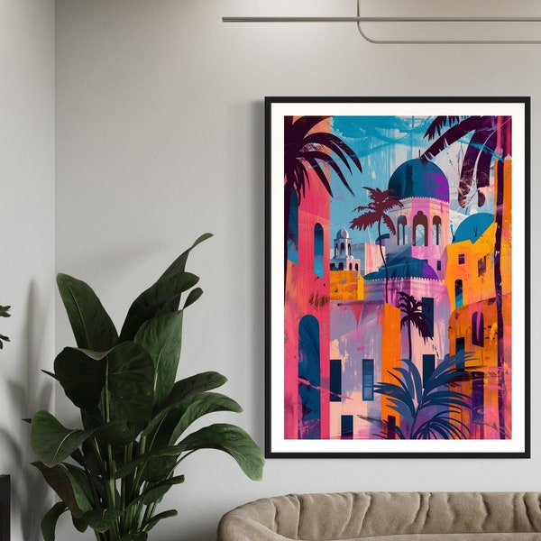 Cuban Colours Pop Art Contemporary Art Print |  Vibrant Buildings & Palm Trees |  Havana Inspired Wall Decor | Cuba Poster