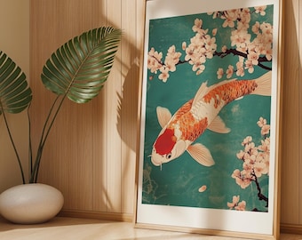 Vintage Japanese Koi Fish Art Print Pink Cherry Blossoms Painting Floral Poster Koi Carp Artwork Oriental Traditional Japan Wall Decor Gift