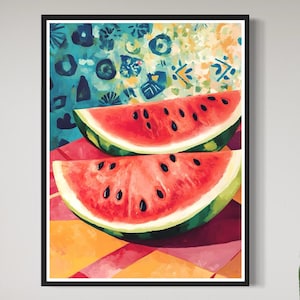 Juicy Red Watermelon Art Print Tropical Fruit Artwork Sliced Melon Painting Colourful Kitchen Wall Decor Summer Vibes Interior Home Gift