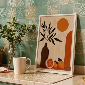 Orange Slice and Olive Branch Art Print Modern Kitchen Wall Decor Geometric Shapes Abstract Still Life Painting Mediterranean Artwork Gift