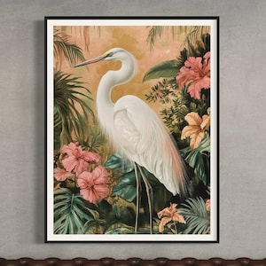 White Heron Art Print Great Egret Painting Tropical Artwork Floral Vintage Modern Style Artwork Exotic Birds Painting Bird Lover Gift