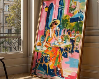 French Café Terrace Art Print Mediterranean Woman Poster Colourful Parisian Street Wall Art Elegant Lifestyle Illustration Kitchen Decor