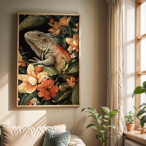 Iguana Art Print Jungle Tropical Leaves Artwork Wildlife Decor Vintage Modern Style Exotic Lizard Painting Reptile Lovers Gift for Home