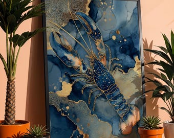 Lobster Art Print Blue and Gold Coastal Wall Art Ocean Nautical Decor Luxury Kitchen Artwork Abstract Sea Animal Print Modern Home Decor
