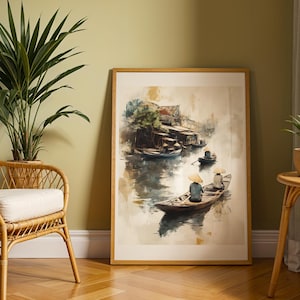 Vietnamese Boat Art Print Traditional Vietnam Decor Waterway River Painting Exotic Asian Travel Poster South East Asia Souvenir Home Gift