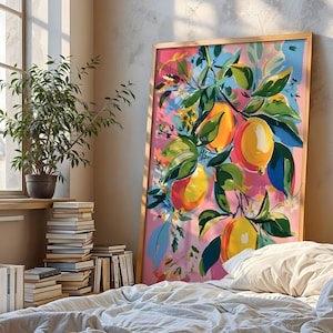 Lemon Art Print Mediterranean Pink Kitchen Wall Art Botanical Fruit Poster Citrus Branch Artwork Colourful Summer Decor Amalfi Lemon Print
