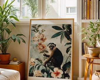 Colobus Monkey Art Print Tropical Leaves Flowers Vintage Modern Wildlife Artwork Nature Wall Decor Exotic Ape Painting Animal Lover Gift