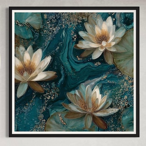 Lotus Pond Floral Art Print Teal Aqua Botanical Lily Pad Painting Water Garden White Lillies Flowers Gold Accent Oriental Artwork